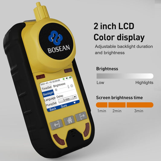 BOSEAN Gas Detector with Pump, 4 Gas Monitor for H2S, CO, LEL and O2, with Vibration, Visual, Light, Audible Alarms, LCD Color Display, Rechargeable 2800mAh, Portable Gas Meter for Workers in Chemical Plants