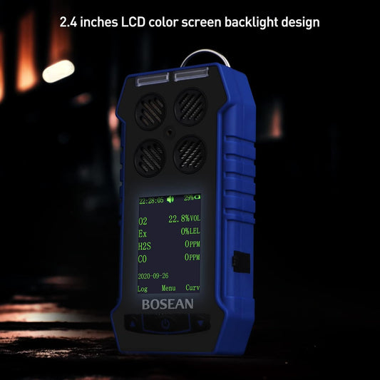 BOSEAN Portable 4 in 1 Gas Detector O2 EX H2S CO, Rechargeable Gas Meter with Vibration Audible Visual Alarm LCD Color Screen Gas Tester Analyzer