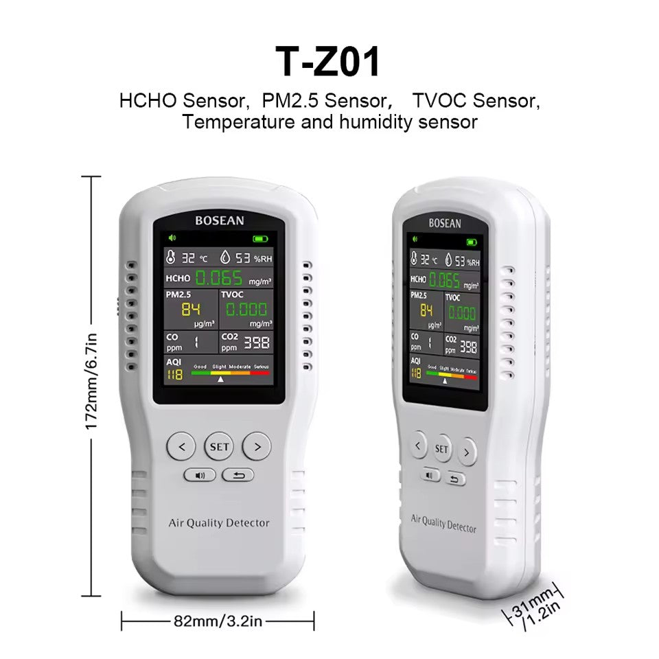 Bosean Air quality Monitor CO2 CO PM2.5 HCHO TVOC Temperature Humidity Monitor Home Air quality detector with Real Sensors