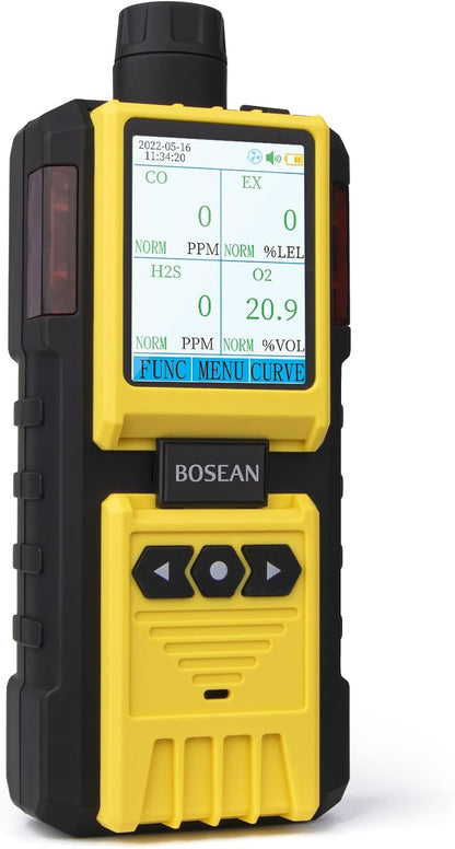 BOSEAN 4 Gas Detector with Pump,EX, O2, H2S, Co Multi Gas Monitor with Audio, Visual, Light and Vibration Alarms, Meter with LCD Color Screen, Rechargeable Gas Tester for Petrochemical Industry