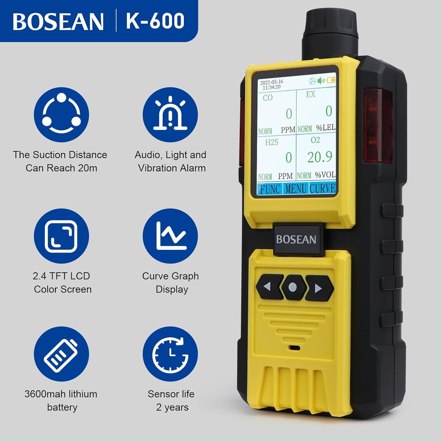 BOSEAN 4 Gas Detector with Pump,EX, O2, H2S, Co Multi Gas Monitor with Audio, Visual, Light and Vibration Alarms, Meter with LCD Color Screen, Rechargeable Gas Tester for Petrochemical Industry