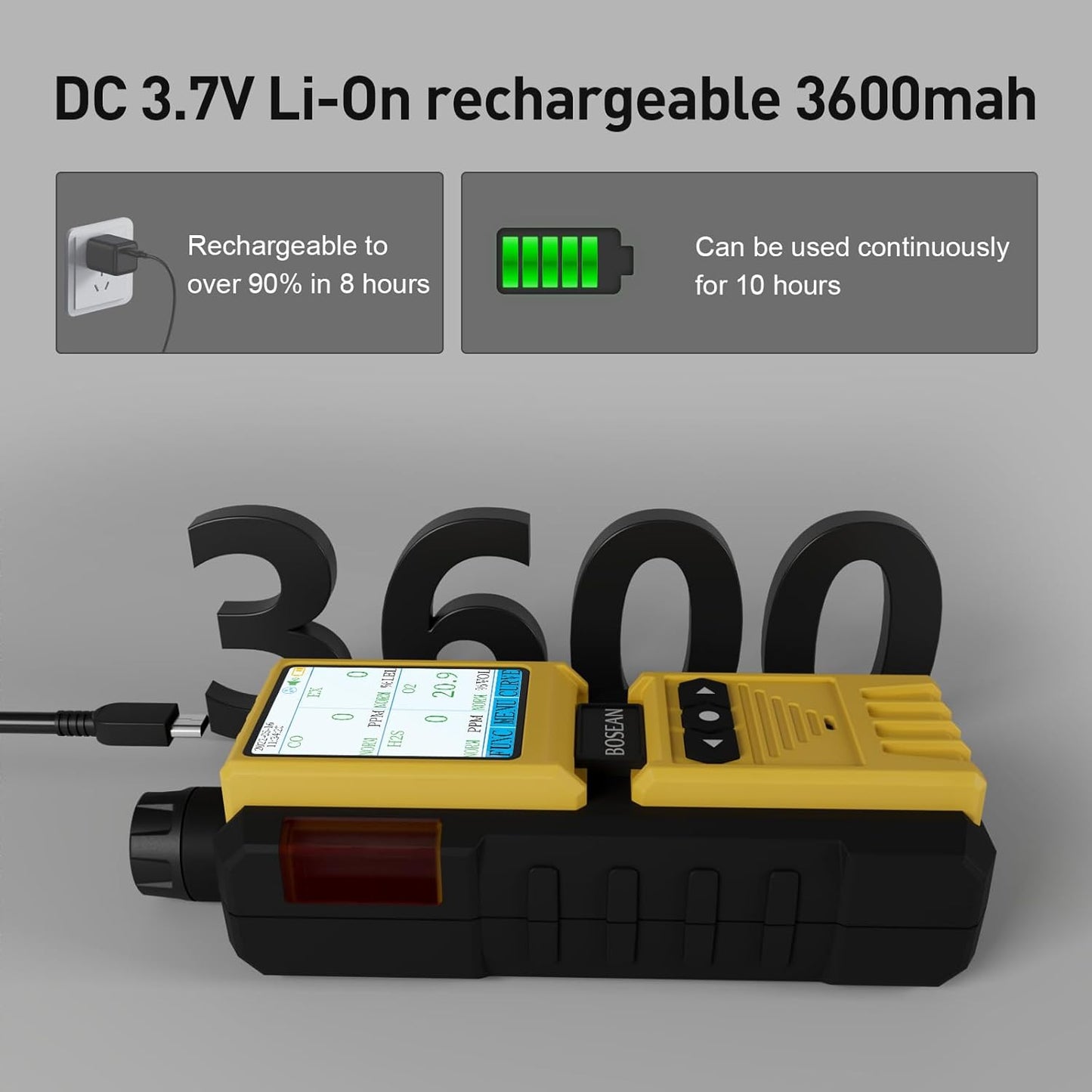BOSEAN 4 Gas Detector with Pump,EX, O2, H2S, Co Multi Gas Monitor with Audio, Visual, Light and Vibration Alarms, Meter with LCD Color Screen, Rechargeable Gas Tester for Petrochemical Industry