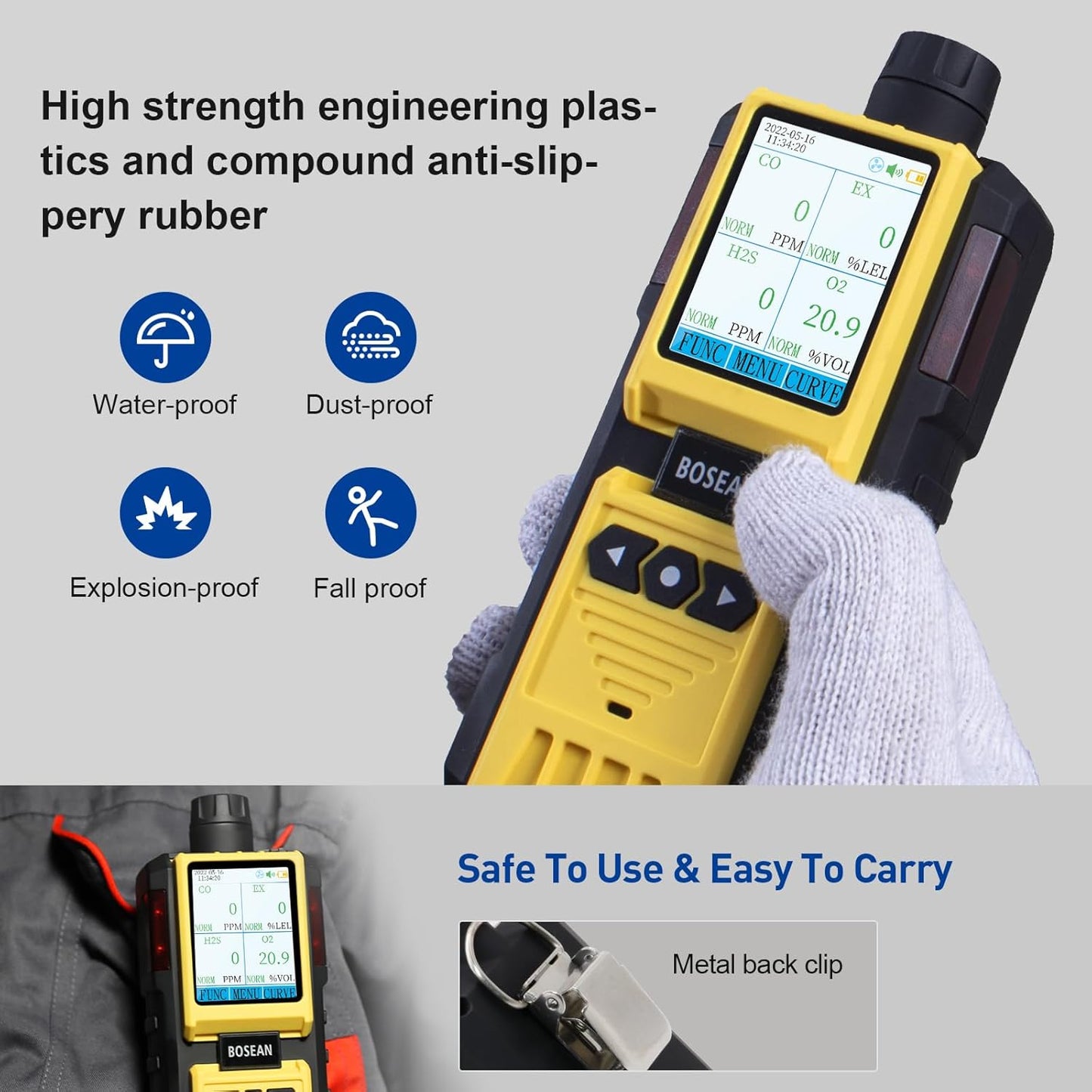 BOSEAN 4 Gas Detector with Pump,EX, O2, H2S, Co Multi Gas Monitor with Audio, Visual, Light and Vibration Alarms, Meter with LCD Color Screen, Rechargeable Gas Tester for Petrochemical Industry
