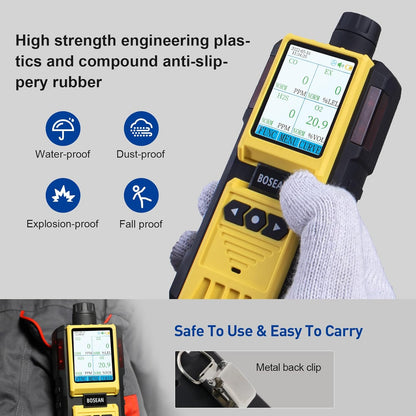 BOSEAN 4 Gas Detector with Pump,EX, O2, H2S, Co Multi Gas Monitor with Audio, Visual, Light and Vibration Alarms, Meter with LCD Color Screen, Rechargeable Gas Tester for Petrochemical Industry