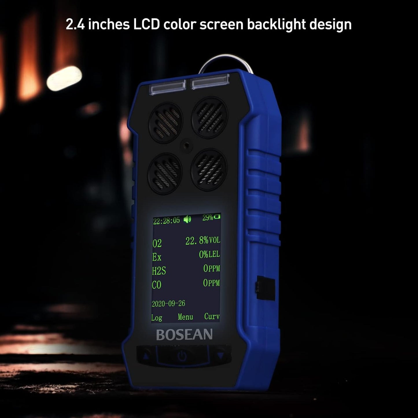 BOSEAN Portable 4 in 1 Gas Detector O2 EX H2S CO, Rechargeable Gas Meter with Vibration Audible Visual Alarm LCD Color Screen Gas Tester Analyzer