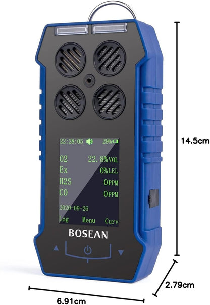 BOSEAN Portable 4 in 1 Gas Detector O2 EX H2S CO, Rechargeable Gas Meter with Vibration Audible Visual Alarm LCD Color Screen Gas Tester Analyzer