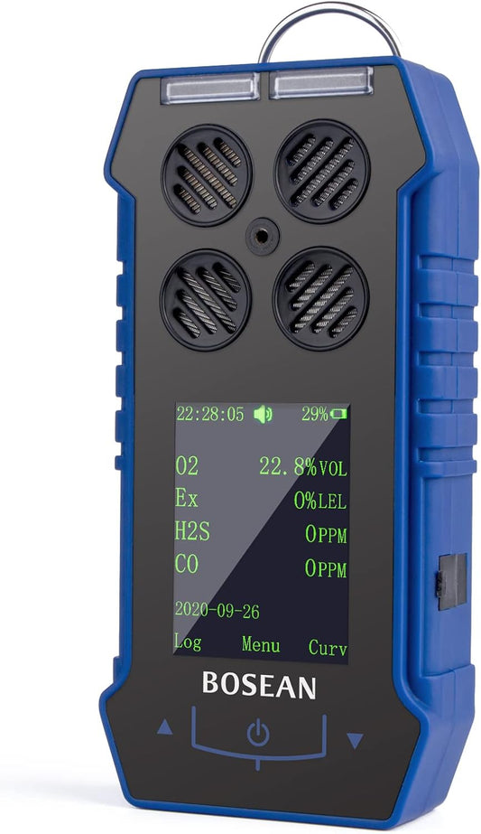 BOSEAN Portable 4 in 1 Gas Detector O2 EX H2S CO, Rechargeable Gas Meter with Vibration Audible Visual Alarm LCD Color Screen Gas Tester Analyzer