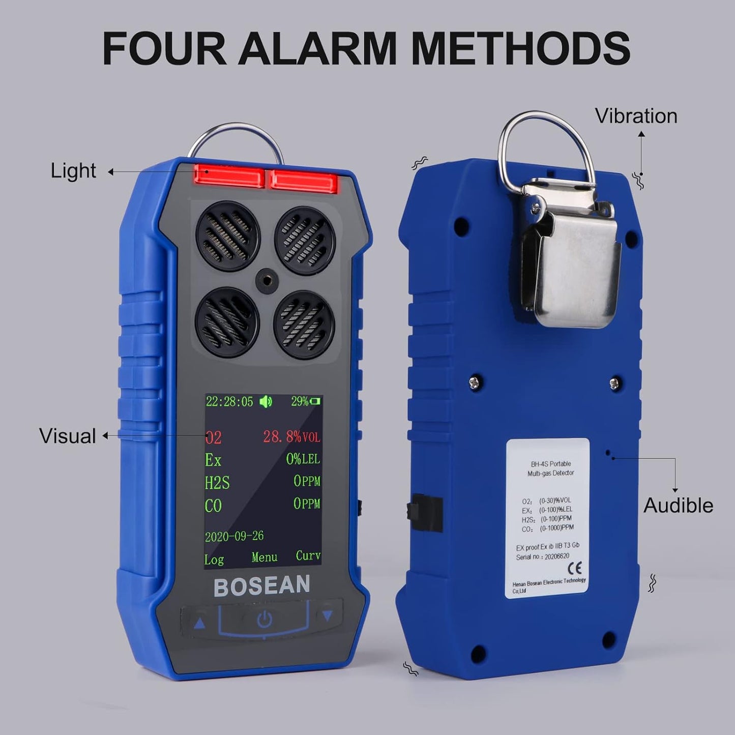 BOSEAN Portable 4 in 1 Gas Detector O2 EX H2S CO, Rechargeable Gas Meter with Vibration Audible Visual Alarm LCD Color Screen Gas Tester Analyzer