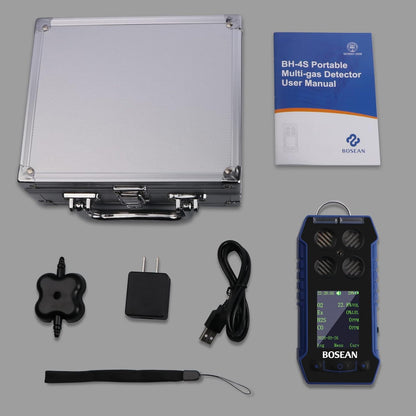 BOSEAN Portable 4 in 1 Gas Detector O2 EX H2S CO, Rechargeable Gas Meter with Vibration Audible Visual Alarm LCD Color Screen Gas Tester Analyzer