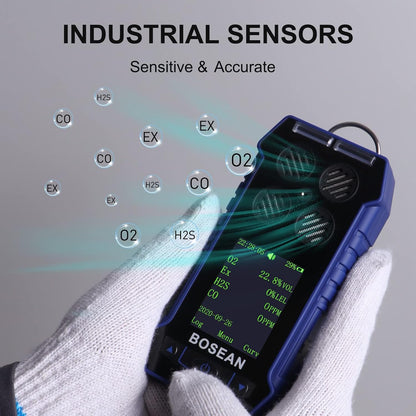 BOSEAN Portable 4 in 1 Gas Detector O2 EX H2S CO, Rechargeable Gas Meter with Vibration Audible Visual Alarm LCD Color Screen Gas Tester Analyzer