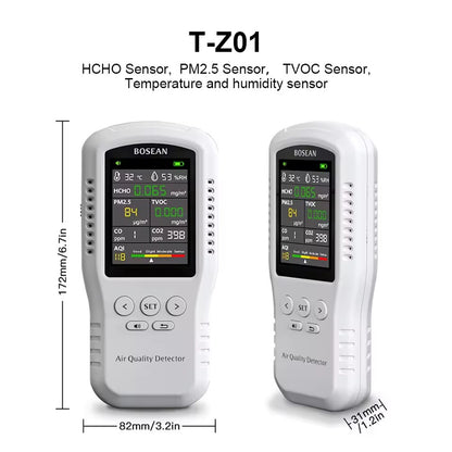 Bosean Air quality Monitor CO2 CO PM2.5 HCHO TVOC Temperature Humidity Monitor Home Air quality detector with Real Sensors