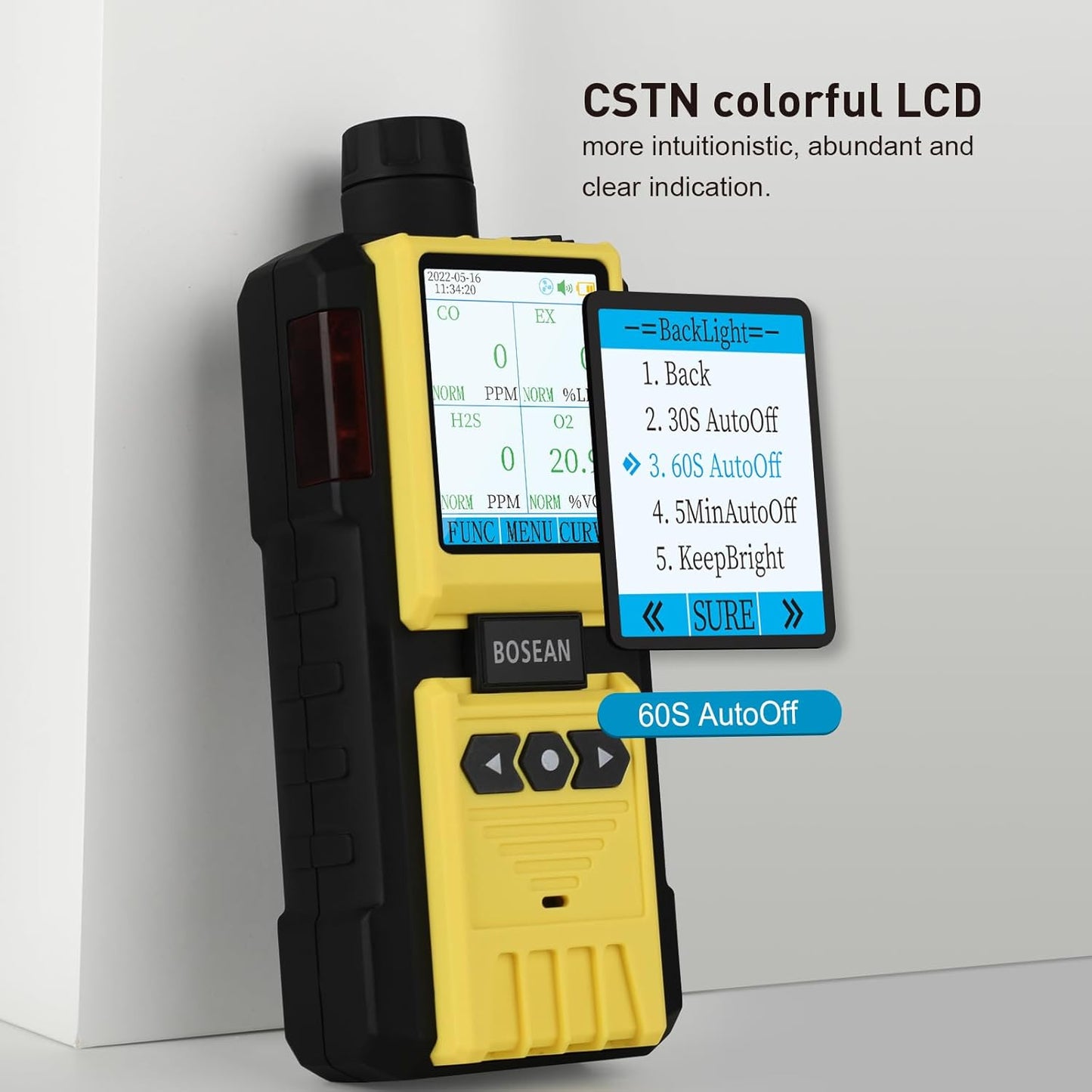 BOSEAN 4 Gas Detector with Pump,EX, O2, H2S, Co Multi Gas Monitor with Audio, Visual, Light and Vibration Alarms, Meter with LCD Color Screen, Rechargeable Gas Tester for Petrochemical Industry