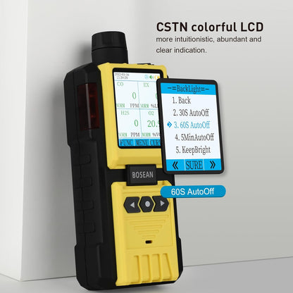 BOSEAN 4 Gas Detector with Pump,EX, O2, H2S, Co Multi Gas Monitor with Audio, Visual, Light and Vibration Alarms, Meter with LCD Color Screen, Rechargeable Gas Tester for Petrochemical Industry