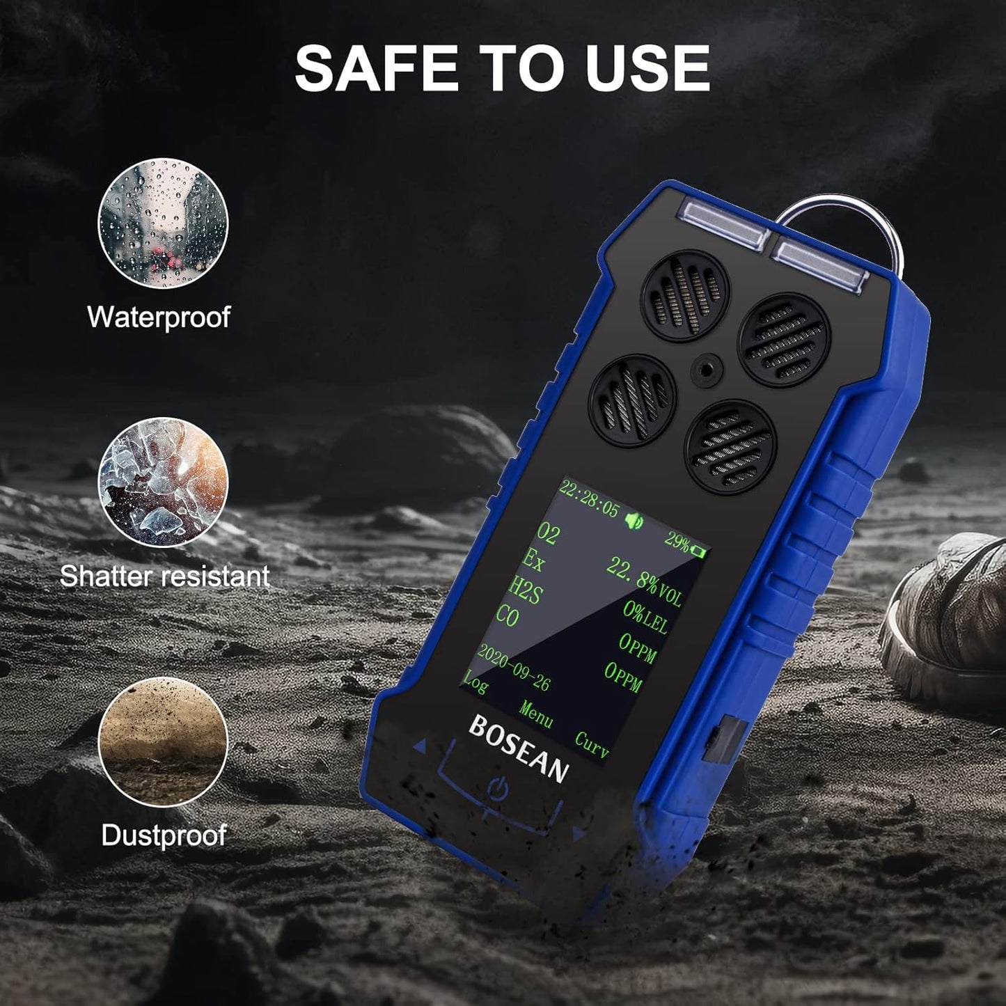 BOSEAN Portable 4 in 1 Gas Detector O2 EX H2S CO, Rechargeable Gas Meter with Vibration Audible Visual Alarm LCD Color Screen Gas Tester Analyzer