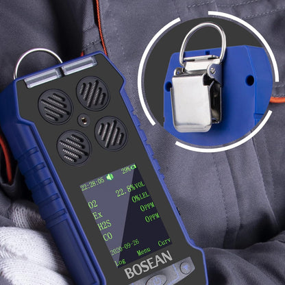BOSEAN Portable 4 in 1 Gas Detector O2 EX H2S CO, Rechargeable Gas Meter with Vibration Audible Visual Alarm LCD Color Screen Gas Tester Analyzer