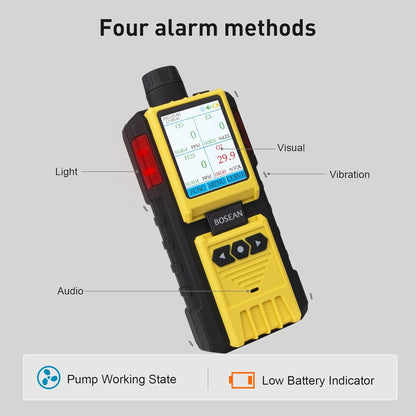 BOSEAN 4 Gas Detector with Pump,EX, O2, H2S, Co Multi Gas Monitor with Audio, Visual, Light and Vibration Alarms, Meter with LCD Color Screen, Rechargeable Gas Tester for Petrochemical Industry
