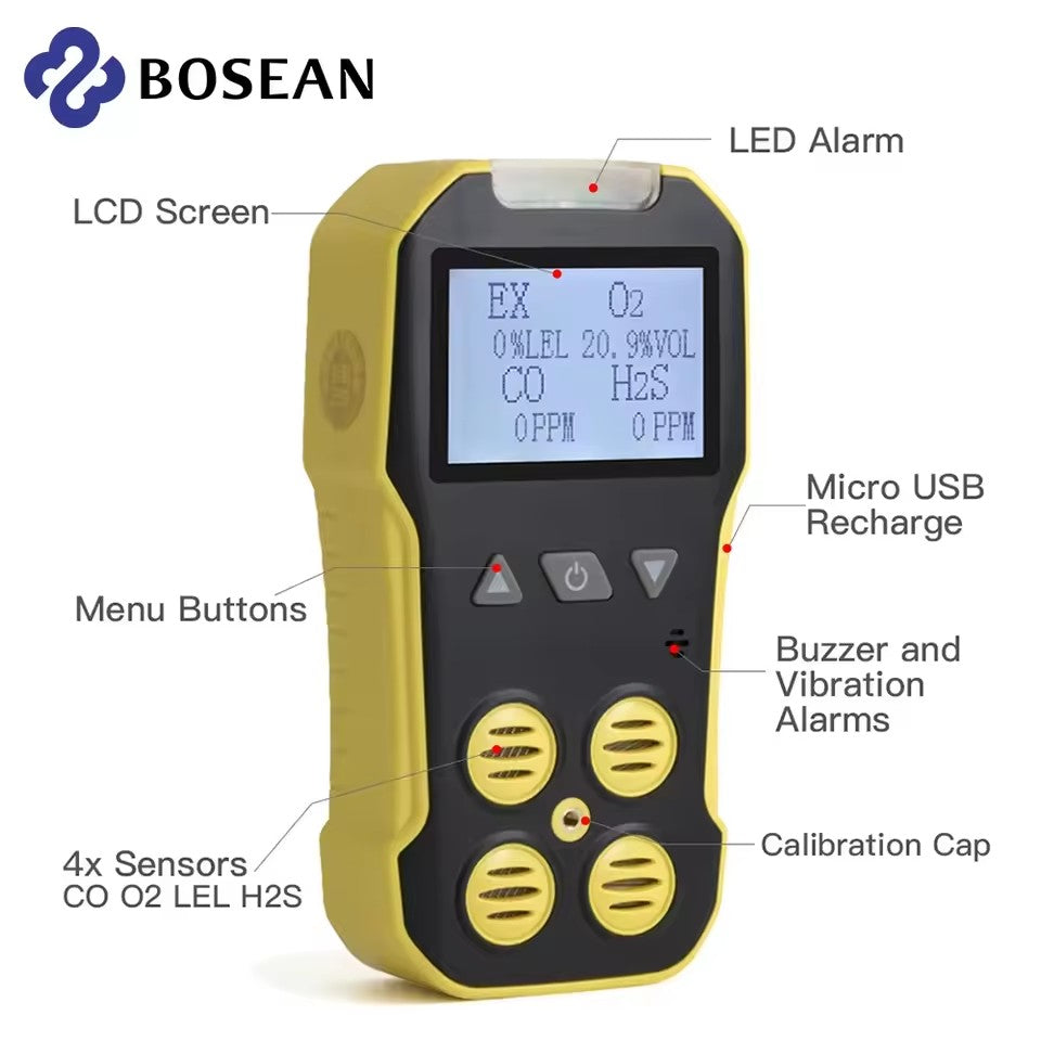 Bosean Multi Gas Detector Gas Meter O2 H2S CO LEL 4 in 1 Oxygen Hydrogen Sulfide Carbon Monoxide Combustible Gas Leak Detector