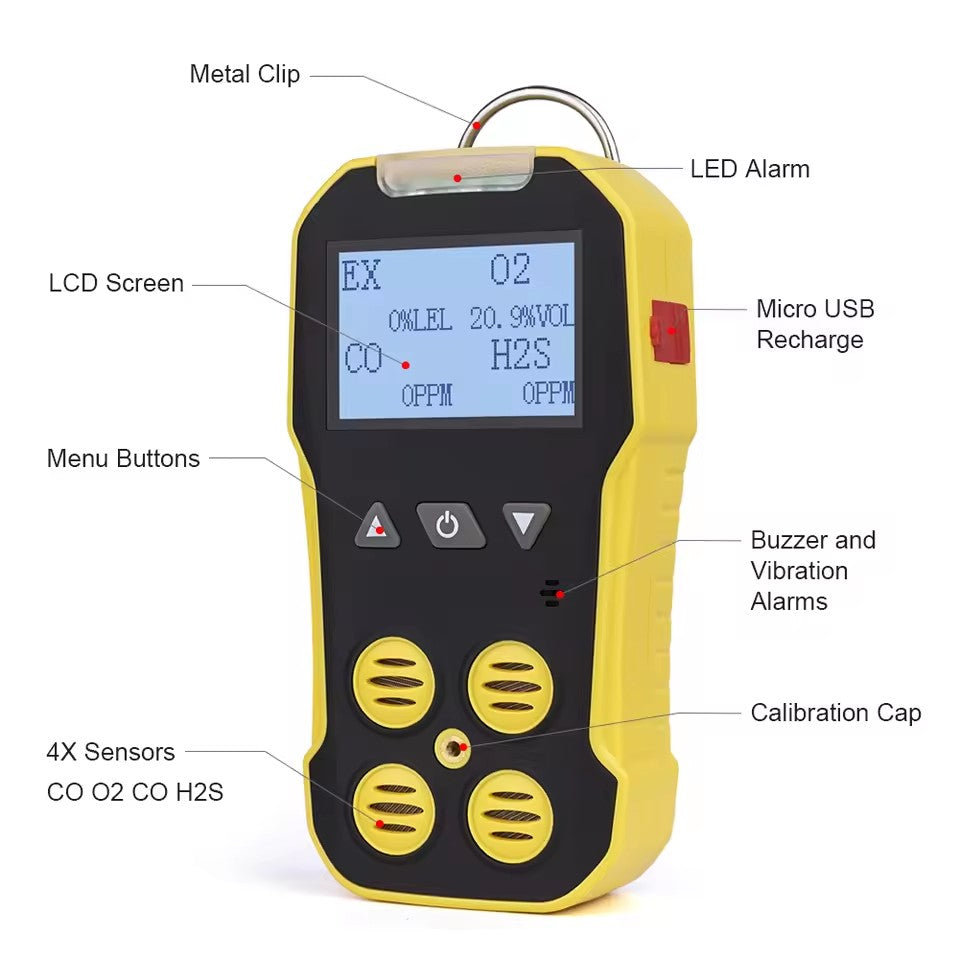 Bosean Multi Gas Detector Gas Meter O2 H2S CO LEL 4 in 1 Oxygen Hydrogen Sulfide Carbon Monoxide Combustible Gas Leak Detector